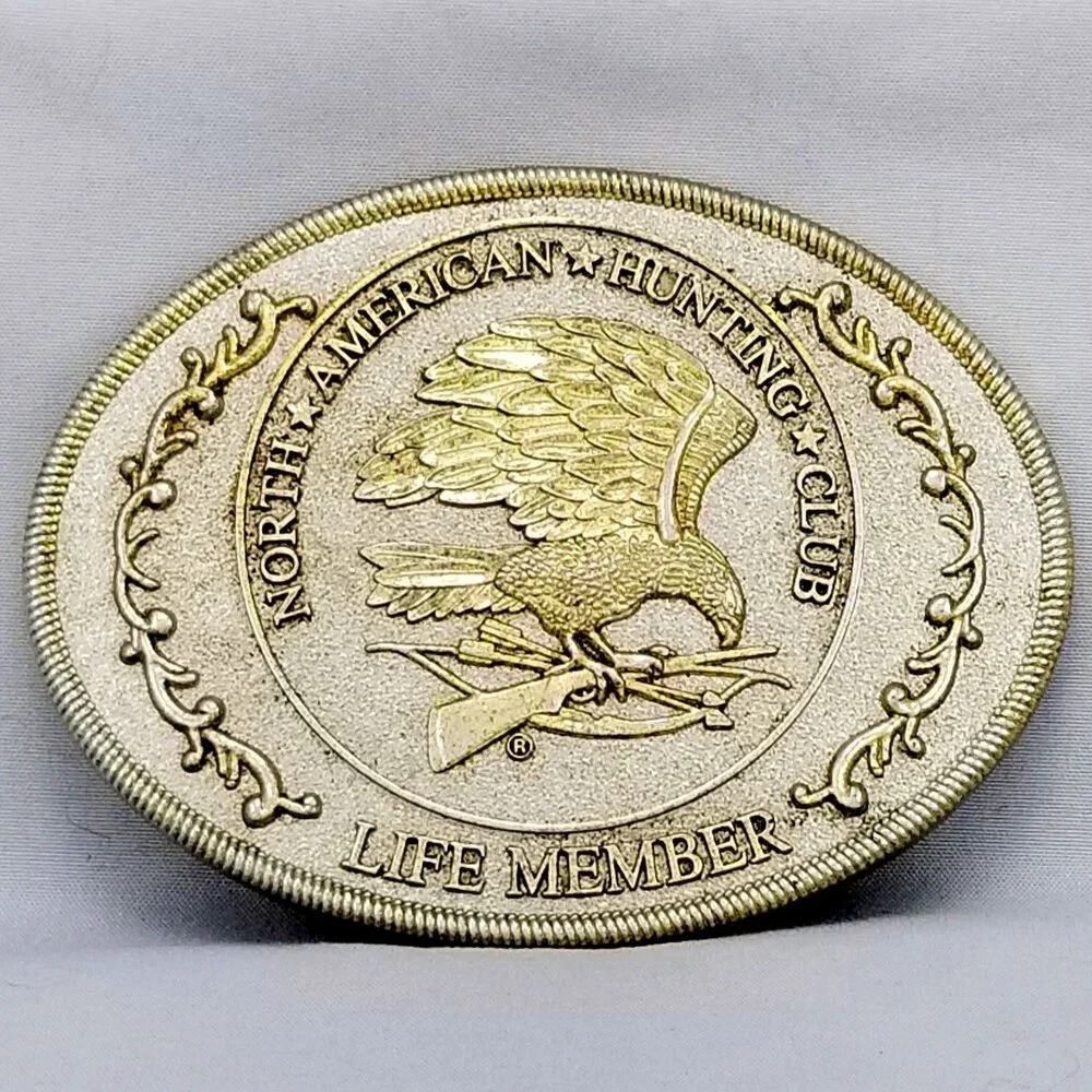 North American Hunting Club Belt Buckle – Eagle with Rifle & Shotgun Life Member